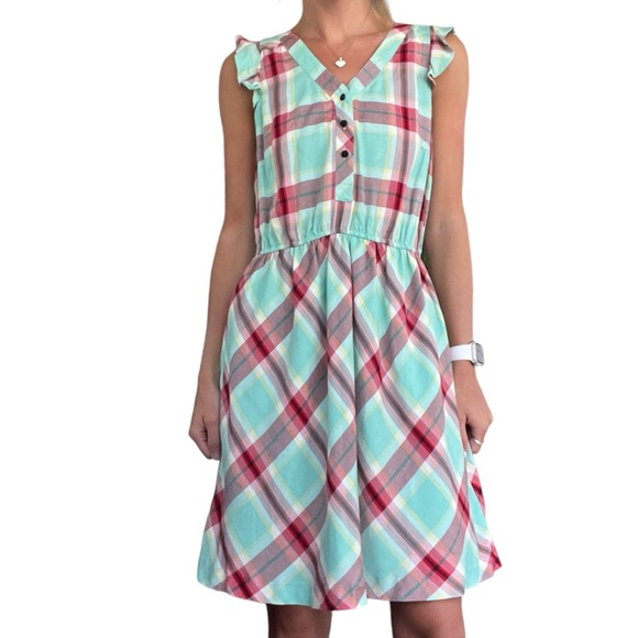 Kensie Womens Sz Small Teal Red Plaid Button Front Sleeveless Ruffle Flowy Dress - Picture 15 of 16